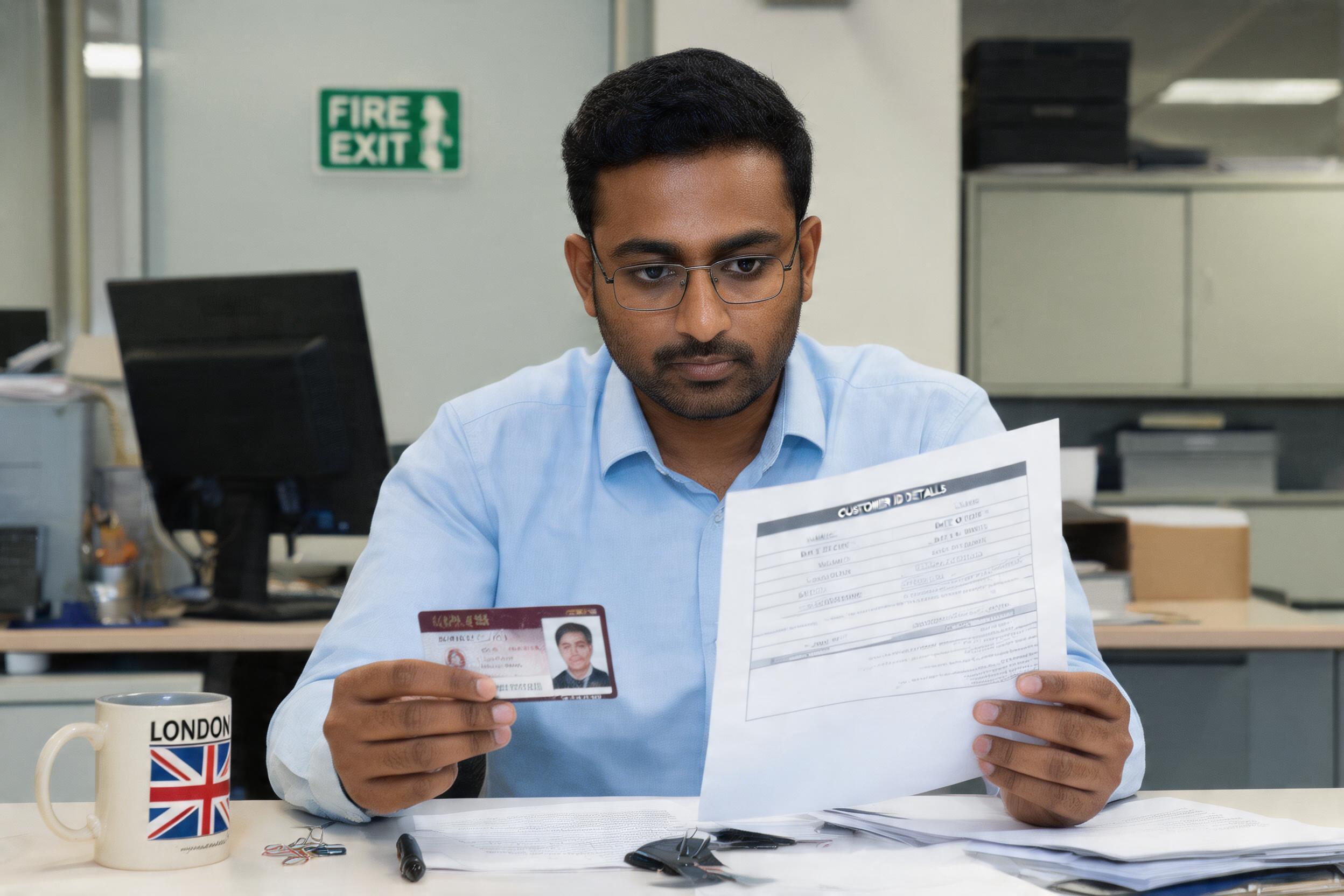 Professional checking a customer's ID document against a due diligence form