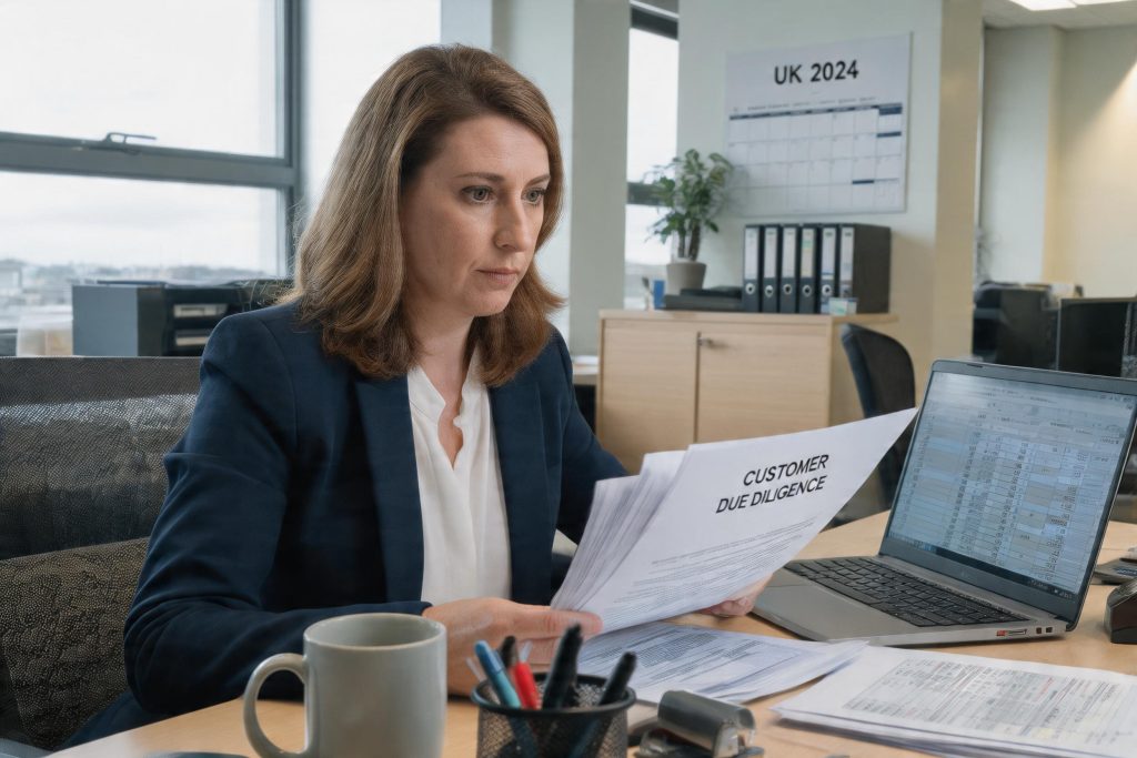 A professional reviewing customer due diligence documents at an office desk