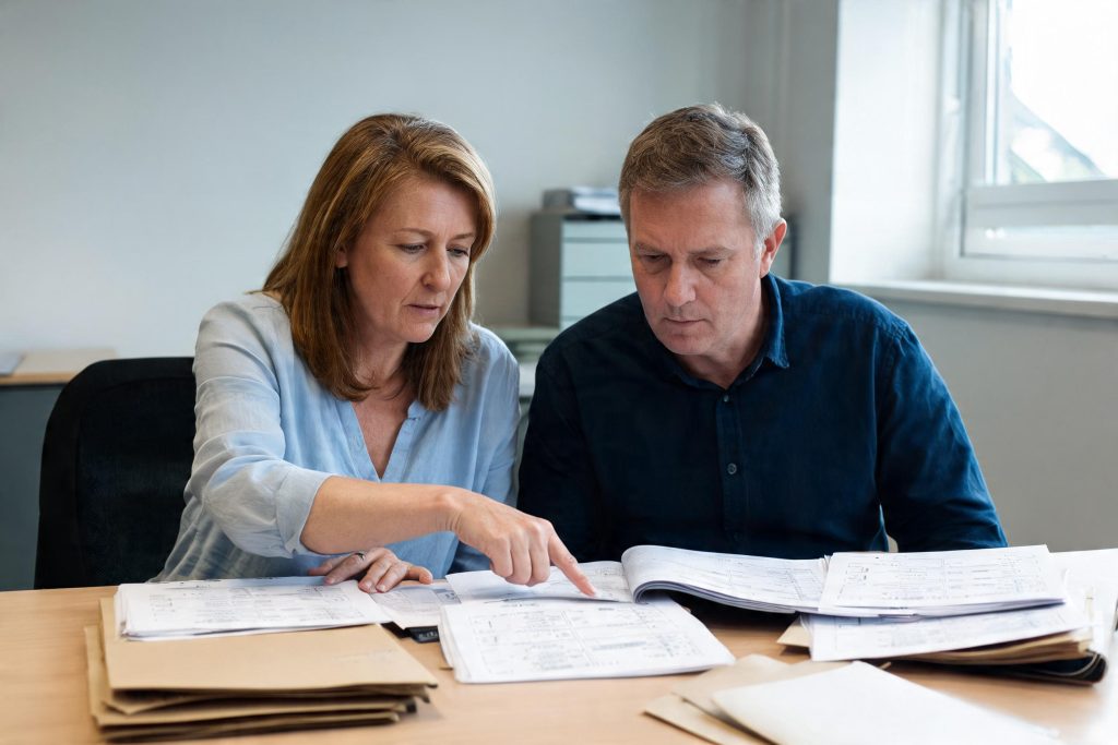 Two internal quality assurers reviewing a learner assessment portfolio together, one pointing at a marked sheet