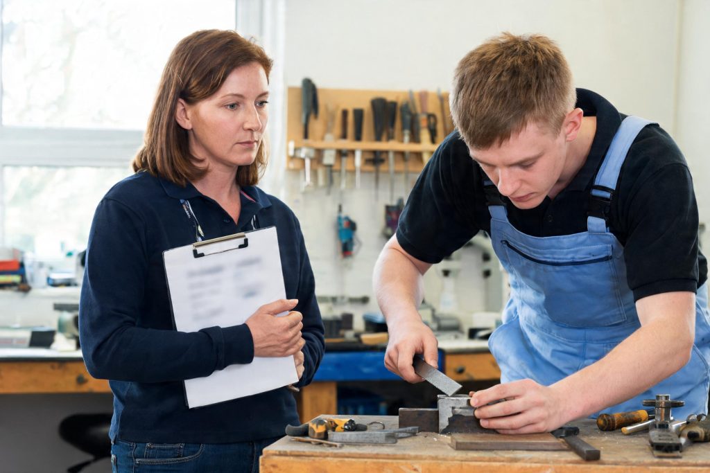 Assessor with a clipboard observing a young apprentice filing metal at a workbench