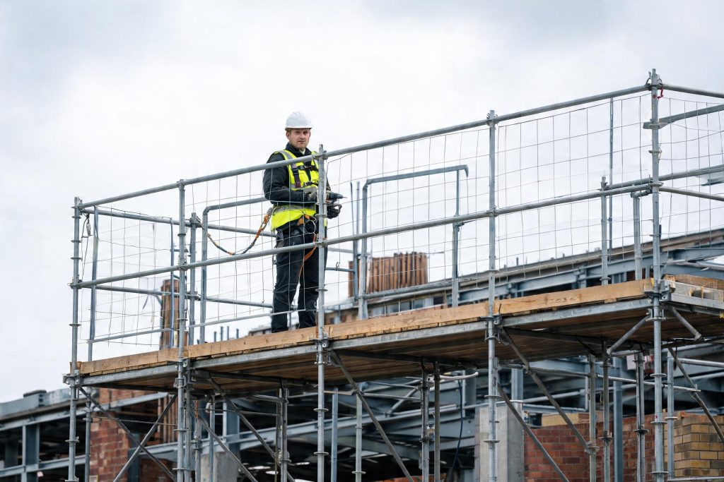 Construction worker in harness and hard hat working at height on scaffolding
