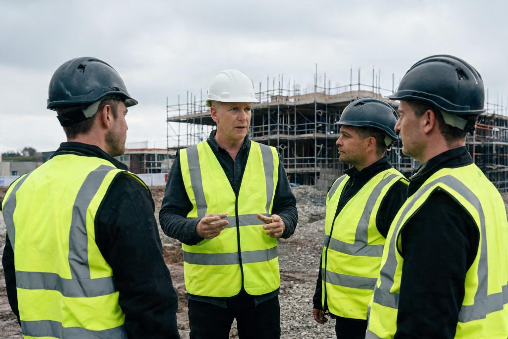 Site supervisor in a white hard hat briefing three construction workers on site