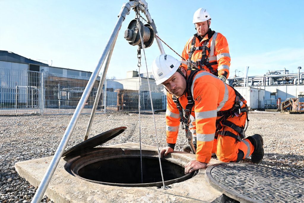 Workers preparing to enter a manhole with a tripod, winch and harnesses