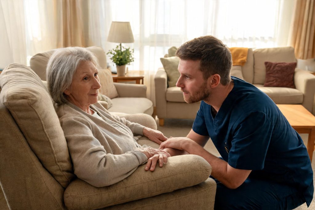 Care worker supporting an older man in a care home lounge
