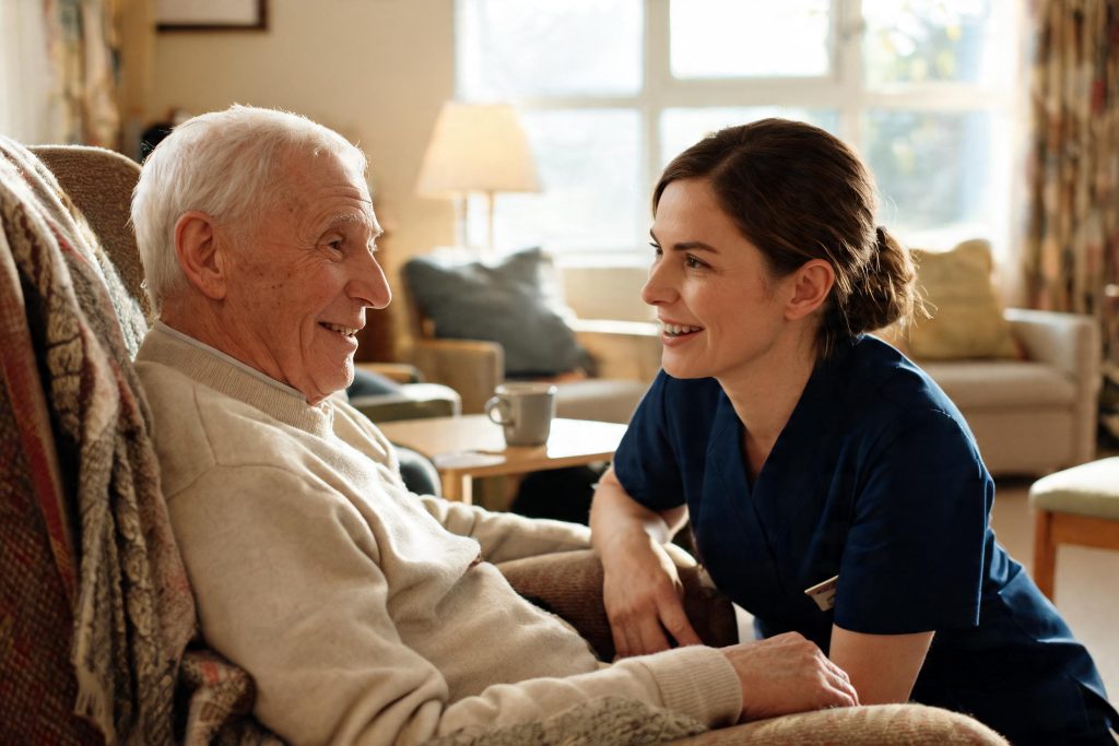 Care worker in a navy tunic sitting beside an older man in an armchair, talking warmly