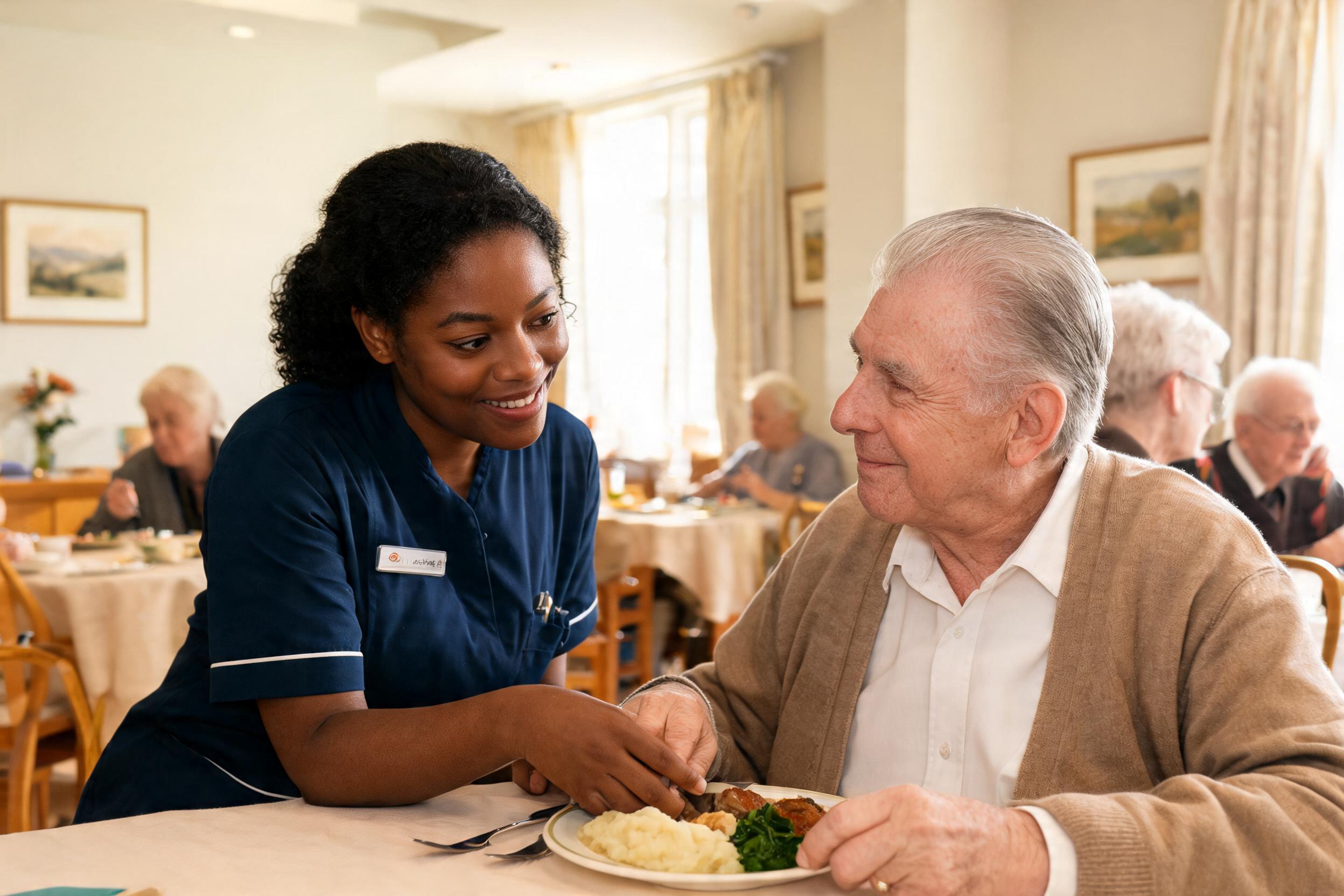 Care worker warmly helping an elderly man with his meal in a care home dining room