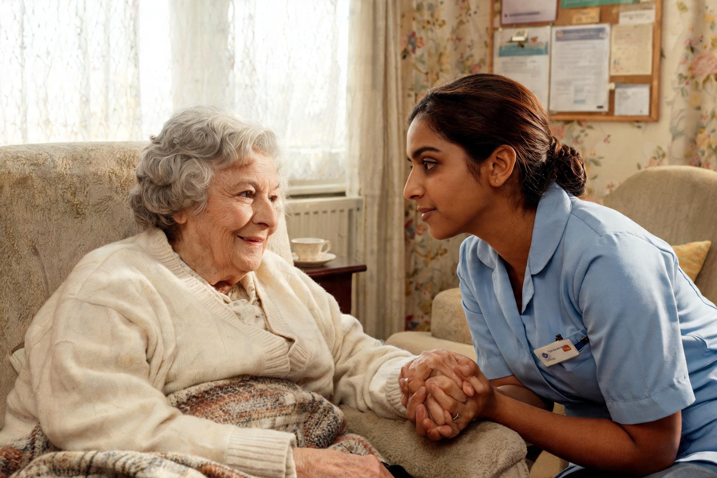 Care worker sitting and listening while holding the hand of an elderly woman