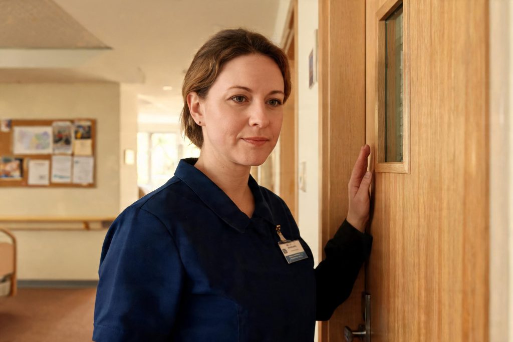 Care worker knocking on a resident's door and waiting before entering a care home room