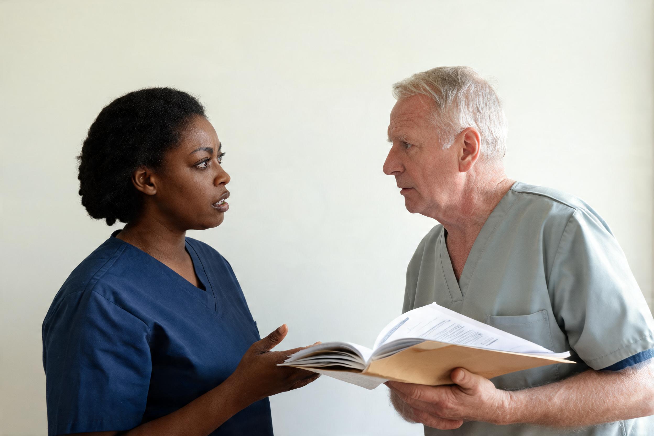 Care worker discussing a care plan with a colleague in a care home office