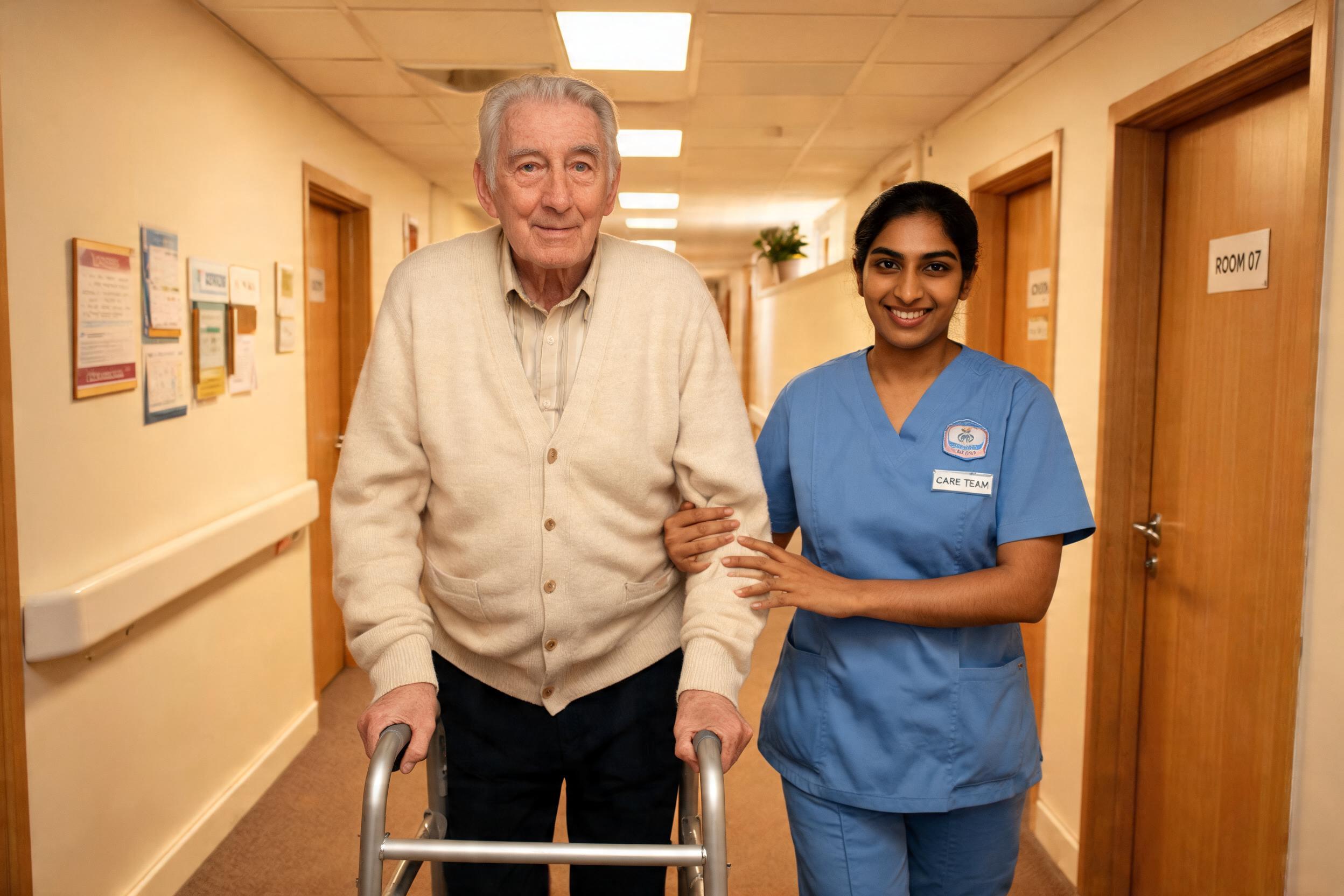Care worker supporting an older man to walk safely with a frame