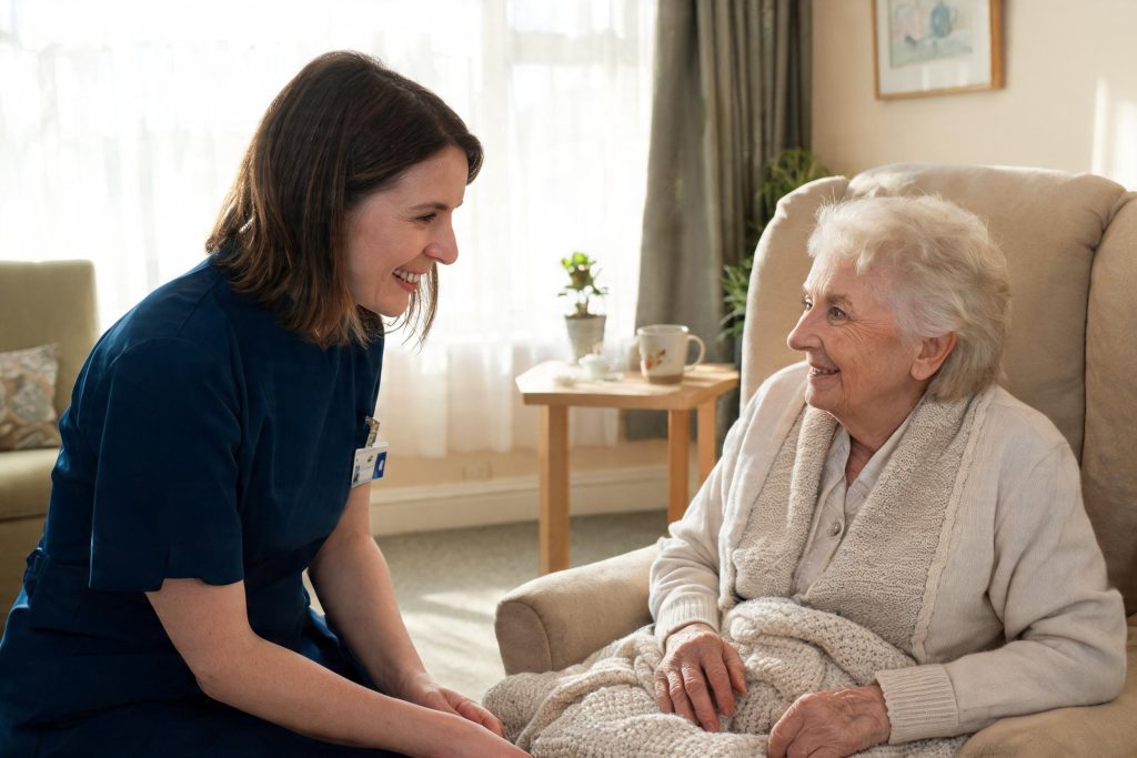 Care worker talking warmly with an elderly woman in a care home lounge