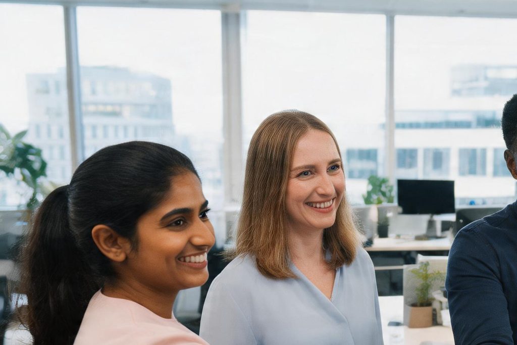 Three colleagues talking together in a bright UK office
