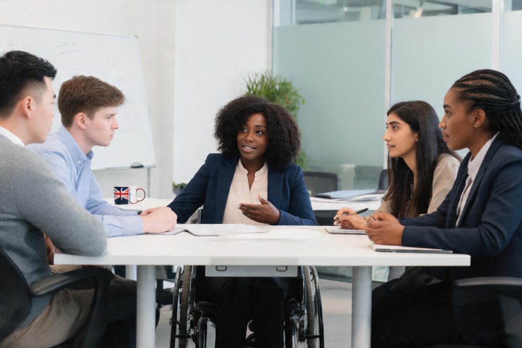 An inclusive UK workplace meeting with a diverse team, including a wheelchair user leading the discussion