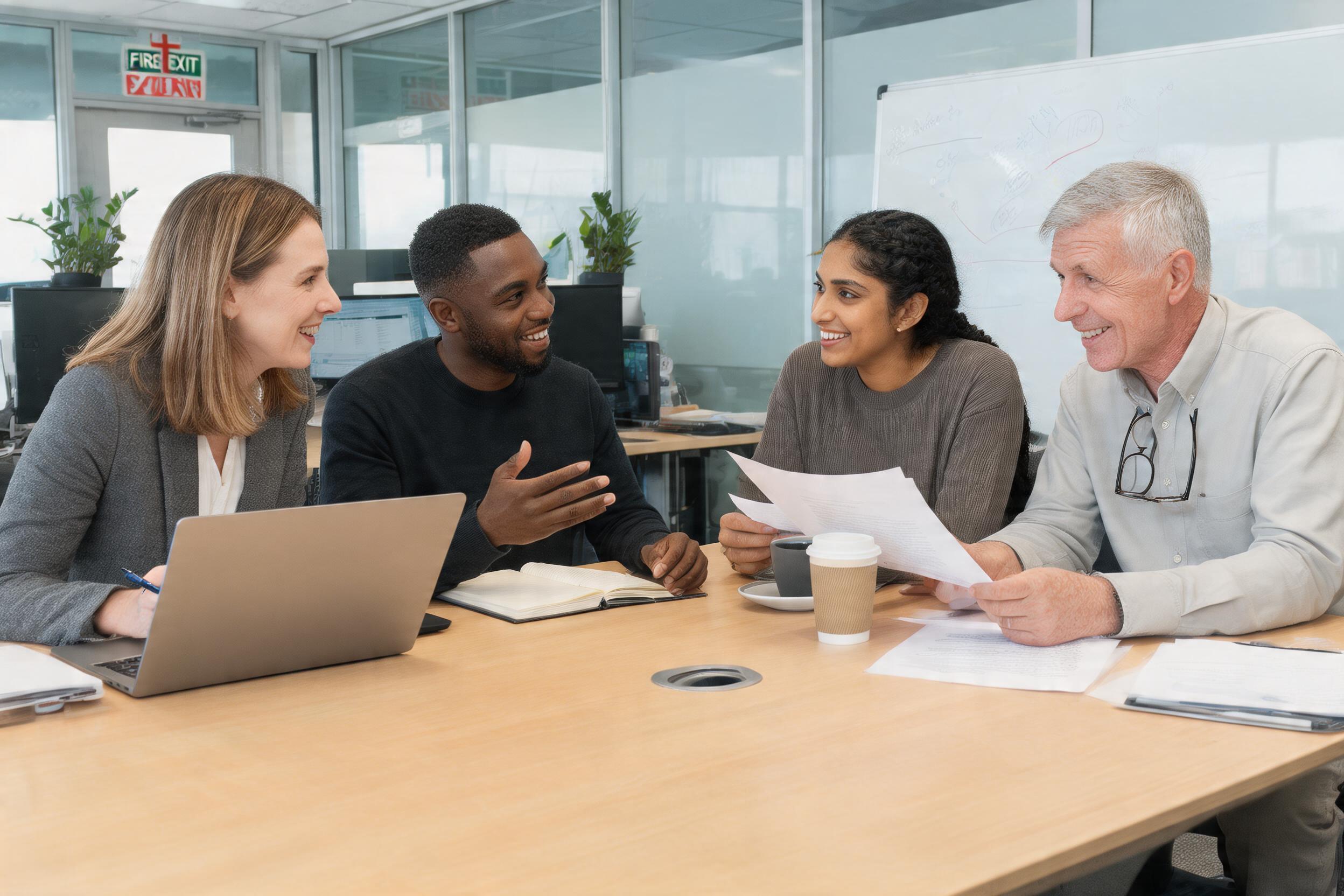 A diverse team of colleagues collaborating around a table in a UK office