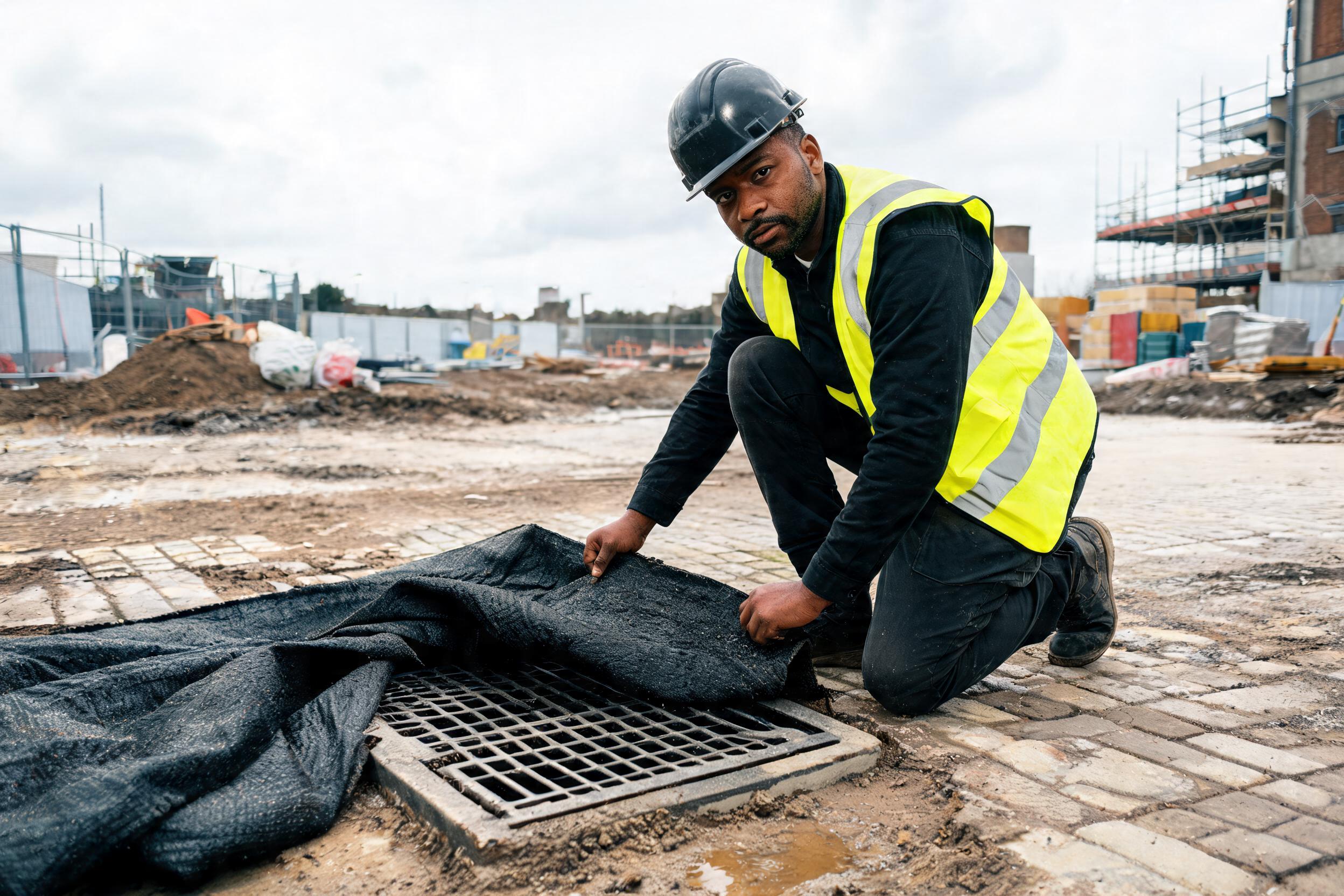 Construction site worker segregating waste into labelled skips