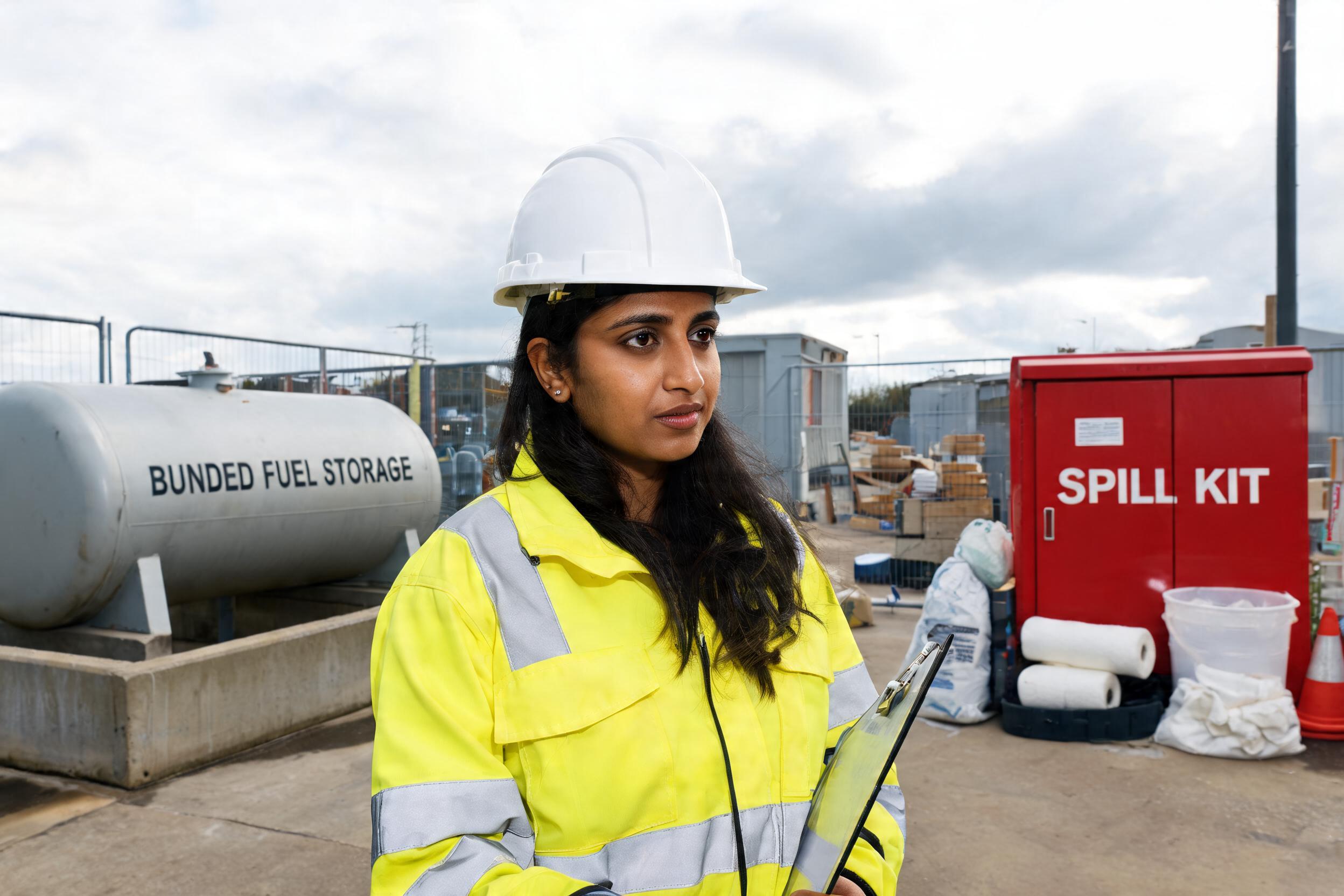 Site worker refuelling plant over a drip tray with a spill kit nearby