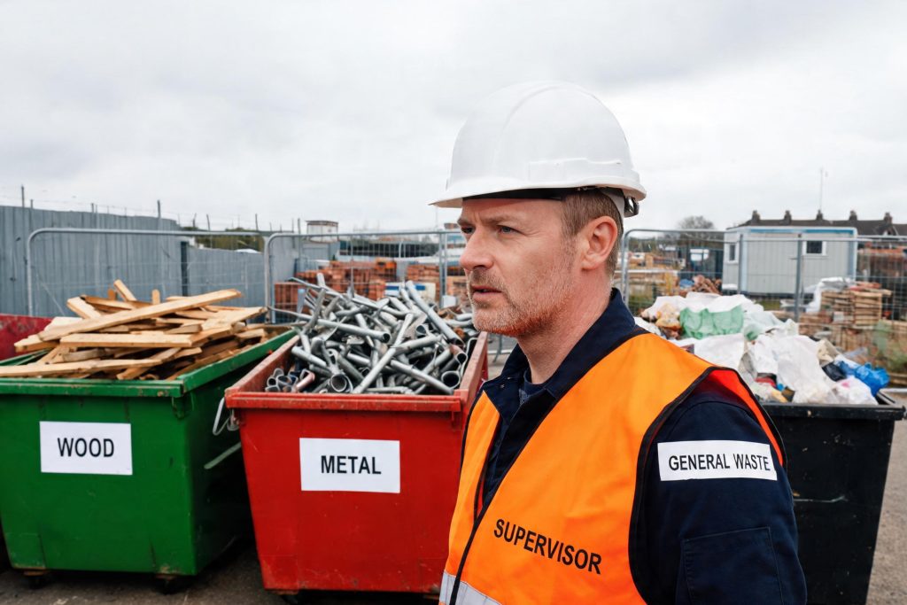 Site supervisor beside clearly labelled segregated waste skips on a construction site