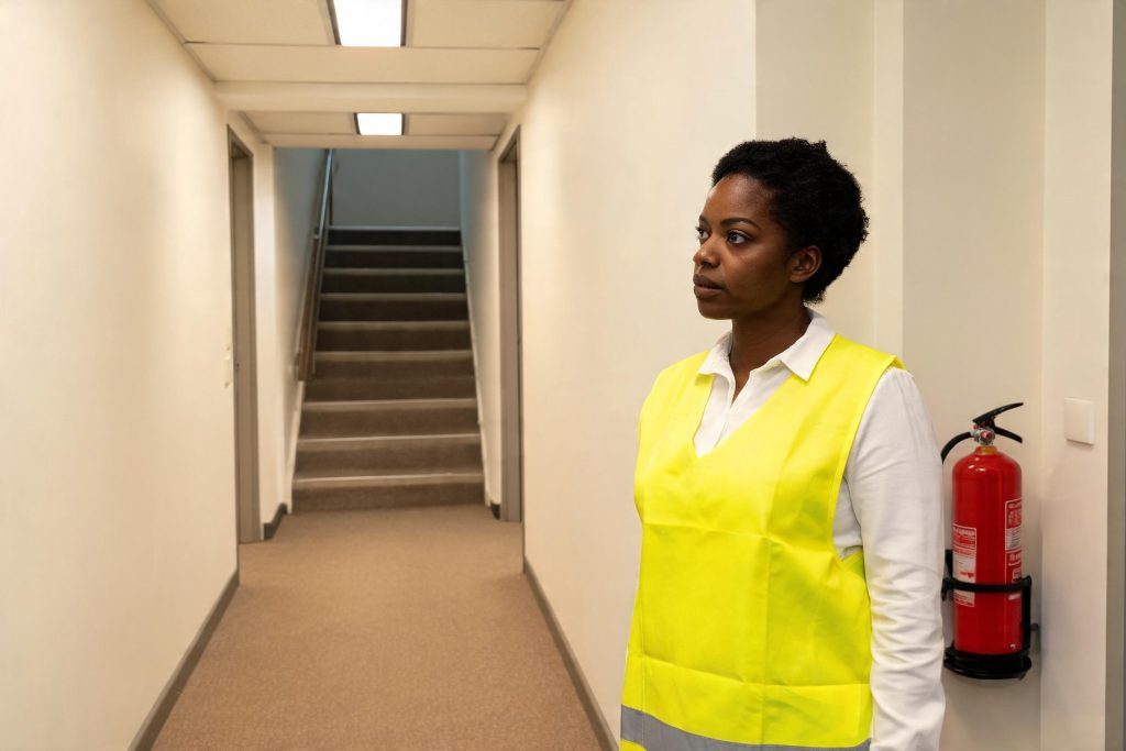 Fire warden in a hi-vis tabard checking a clear escape route in an office corridor