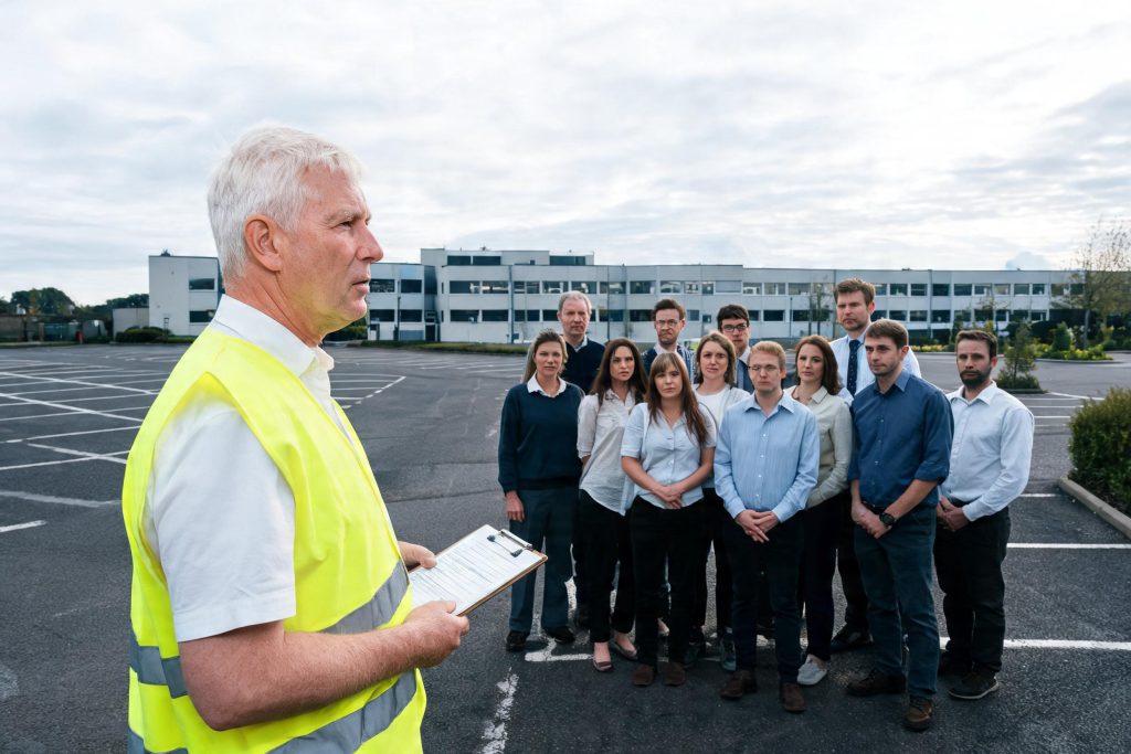 Fire warden taking a roll call at an outdoor assembly point during a fire drill