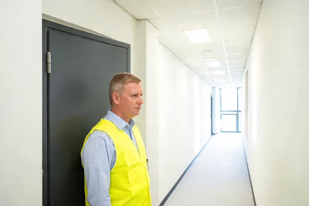 Fire warden in a hi-vis tabard beside a closed fire door in a clear office corridor