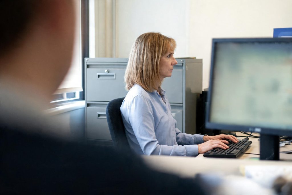 Office worker seated at a workstation typing at a computer, with a lockable filing cabinet behind