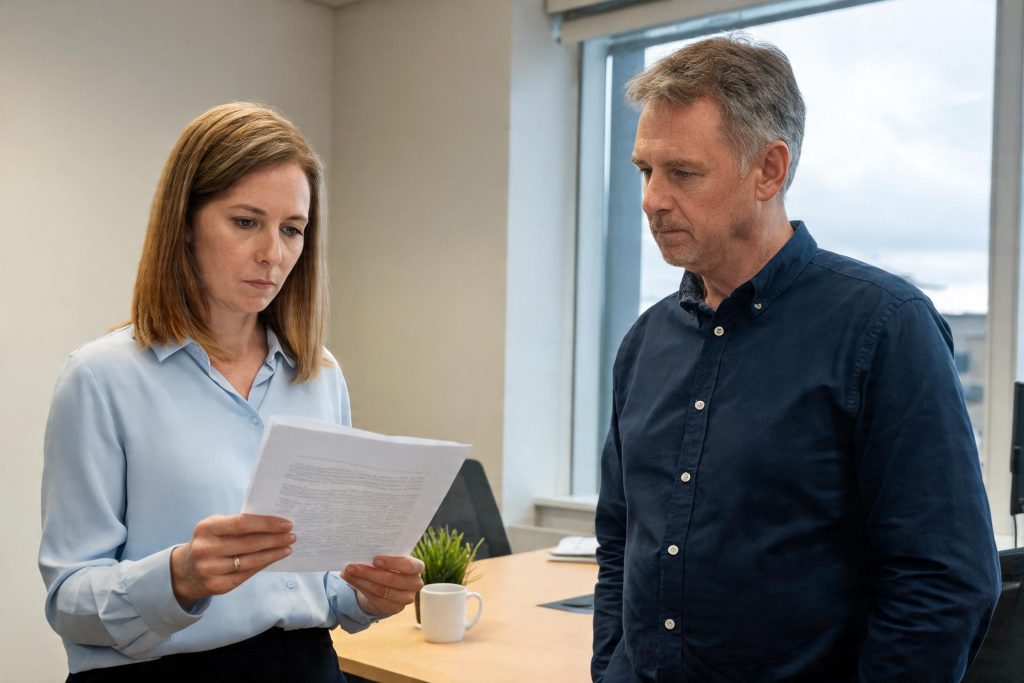 Two colleagues discussing a data protection policy document in an office