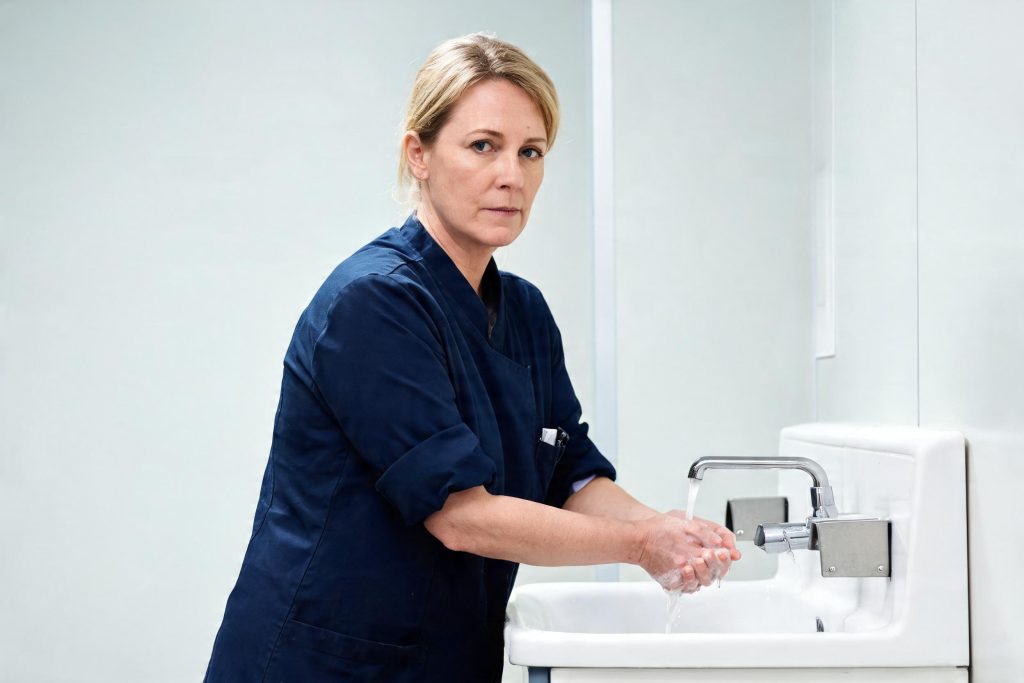 Healthcare assistant washing hands at a clinical sink on a hospital ward
