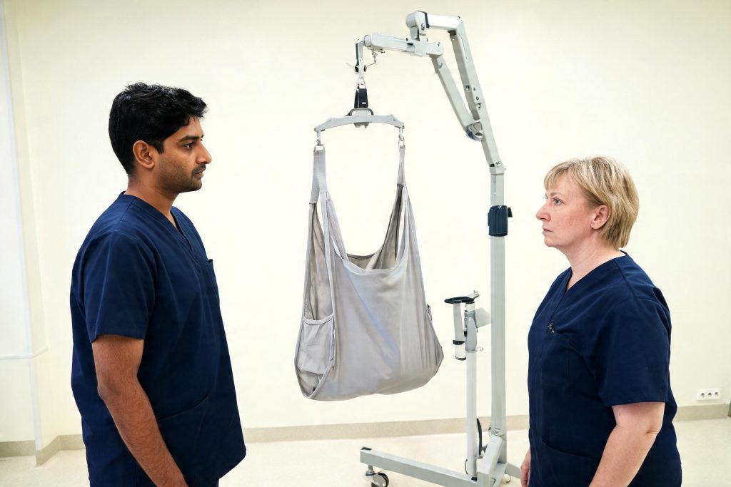 Healthcare staff setting up a mobile hoist and sling during a practical training session