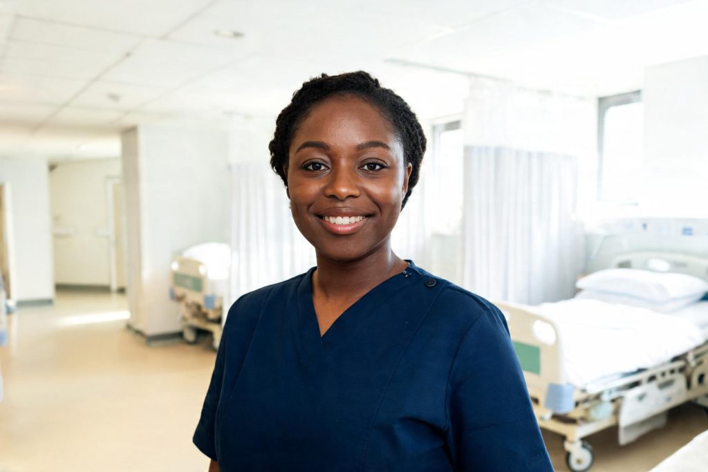 Healthcare assistant in a navy tunic standing on a hospital ward