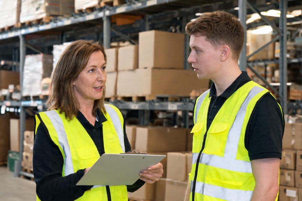 Manager and worker reviewing a risk assessment on a clipboard in a warehouse