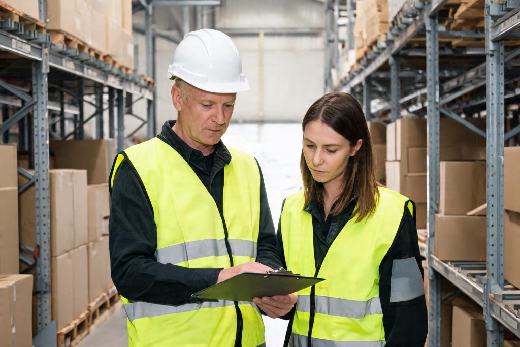 Warehouse supervisor and worker in hi-vis reviewing a risk assessment on a clipboard