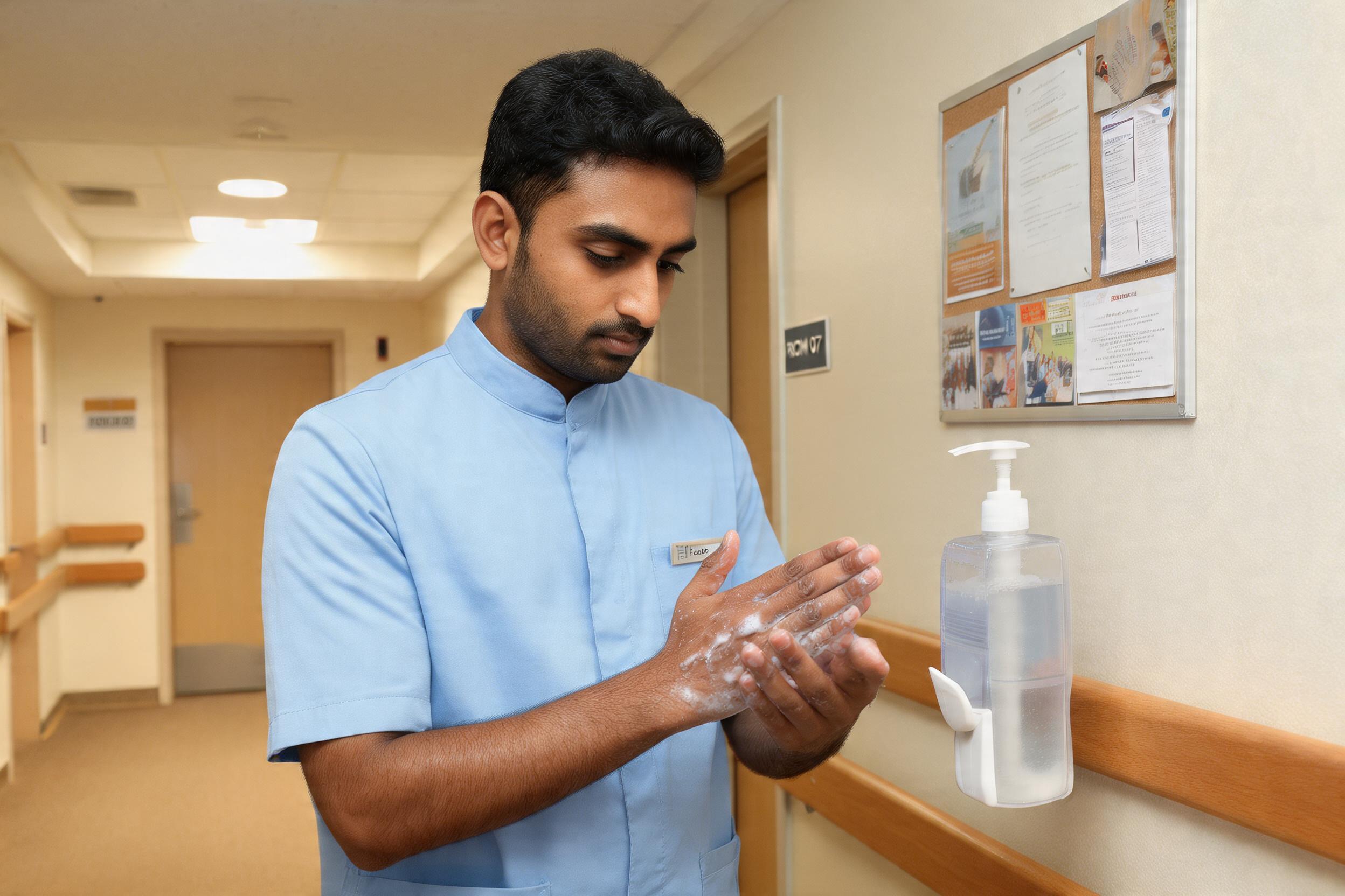 Care worker using a wall-mounted alcohol hand-gel dispenser in a care home corridor