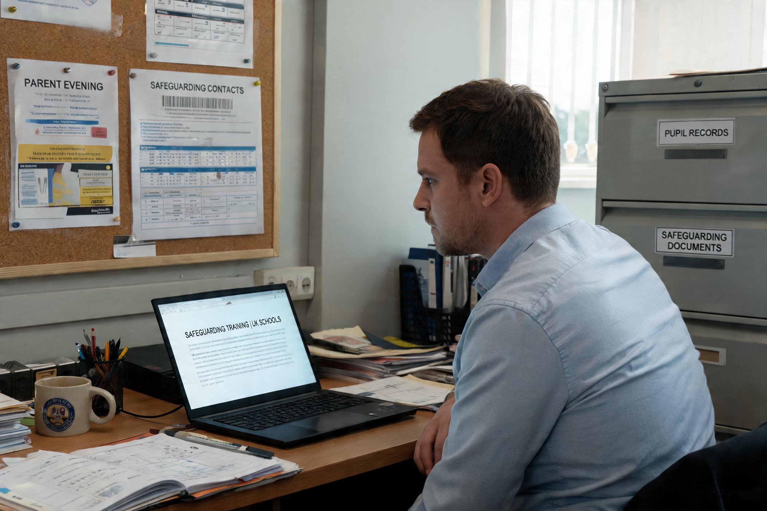 Teacher completing an online safeguarding training course at a school office desk