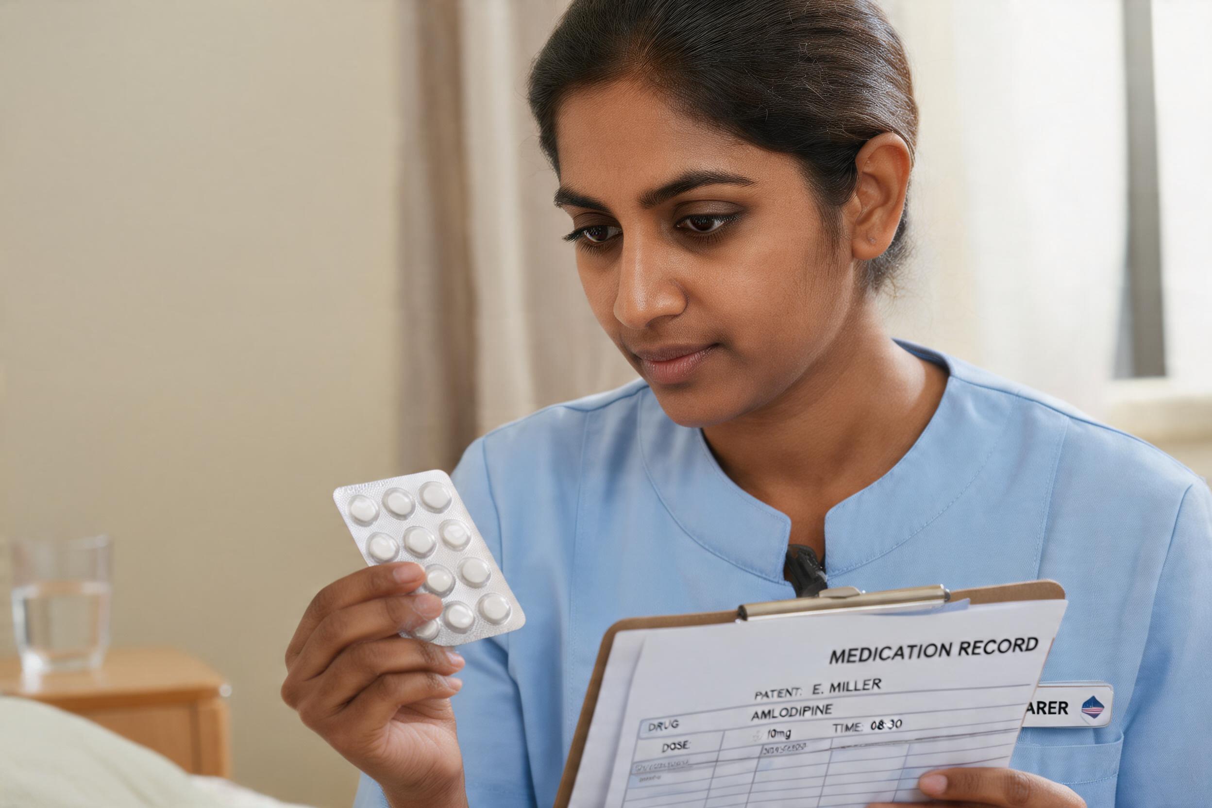 Care worker checking a blister pack of tablets against a medication record chart