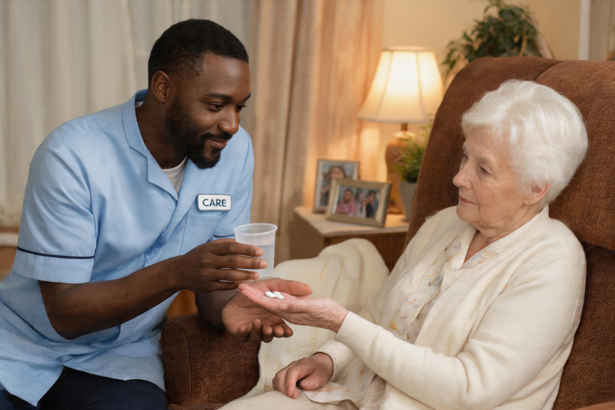 Care worker handing a cup of water and tablets to an elderly resident