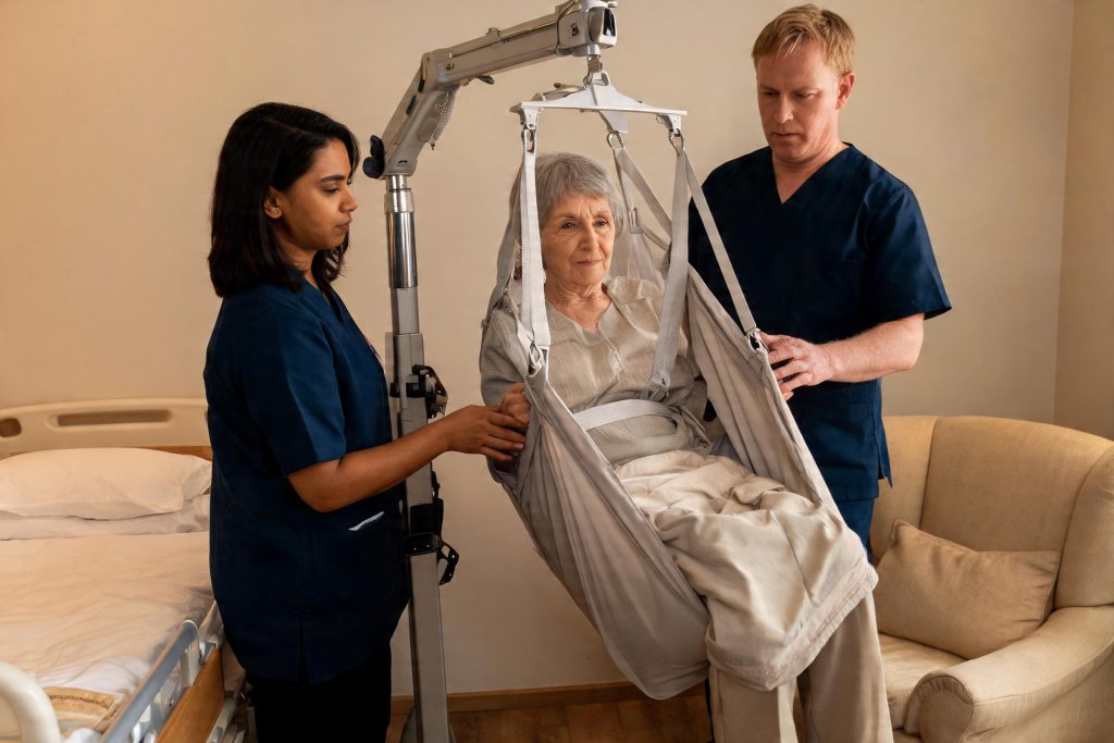 Two care workers using a hoist to transfer a person from bed to chair