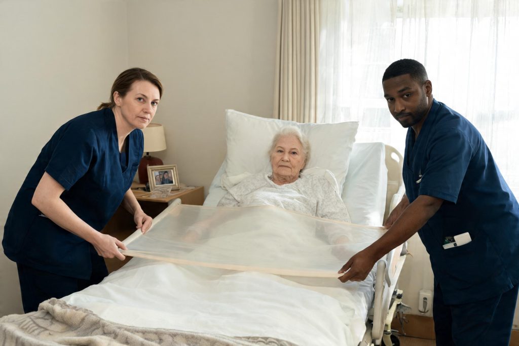 Two care workers using a slide sheet to reposition an older woman in bed
