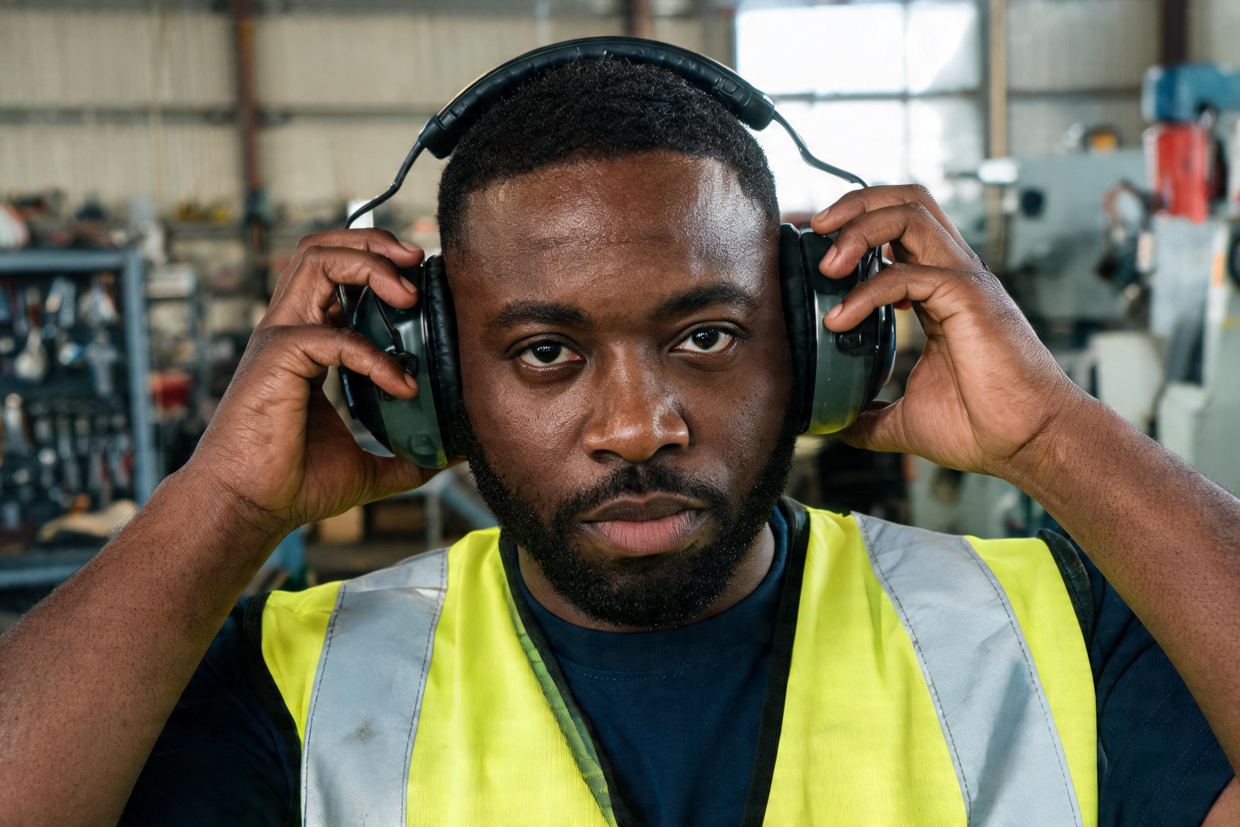 Worker fitting ear-defender headphones in a workshop