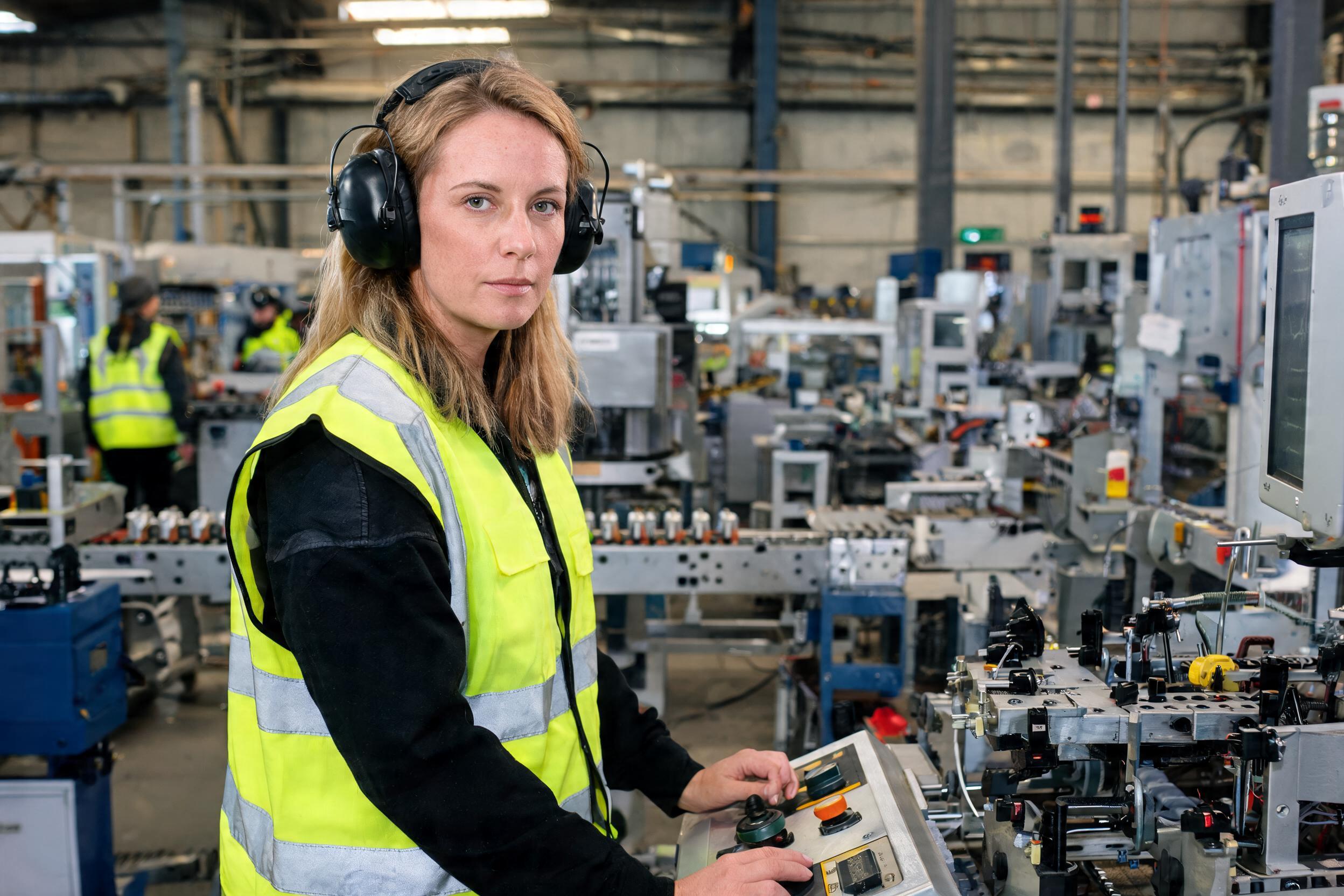Factory worker wearing ear defenders while operating machinery