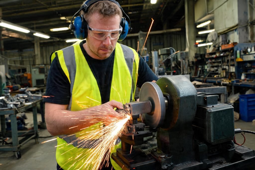 Worker in ear defenders and safety glasses using a bench grinder in a workshop