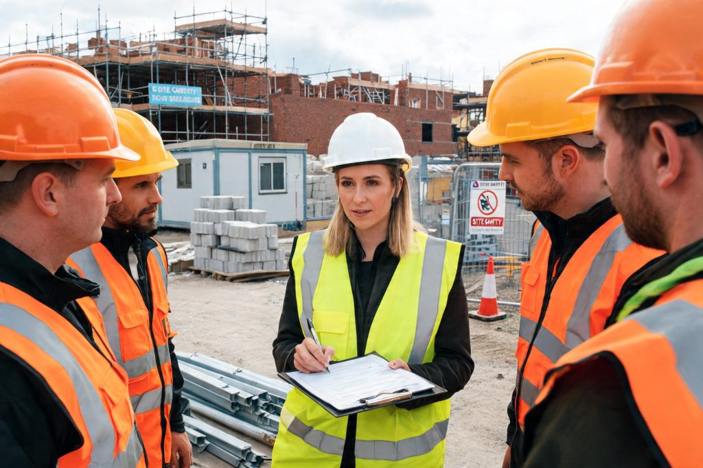 Construction worker reading a method statement document on site