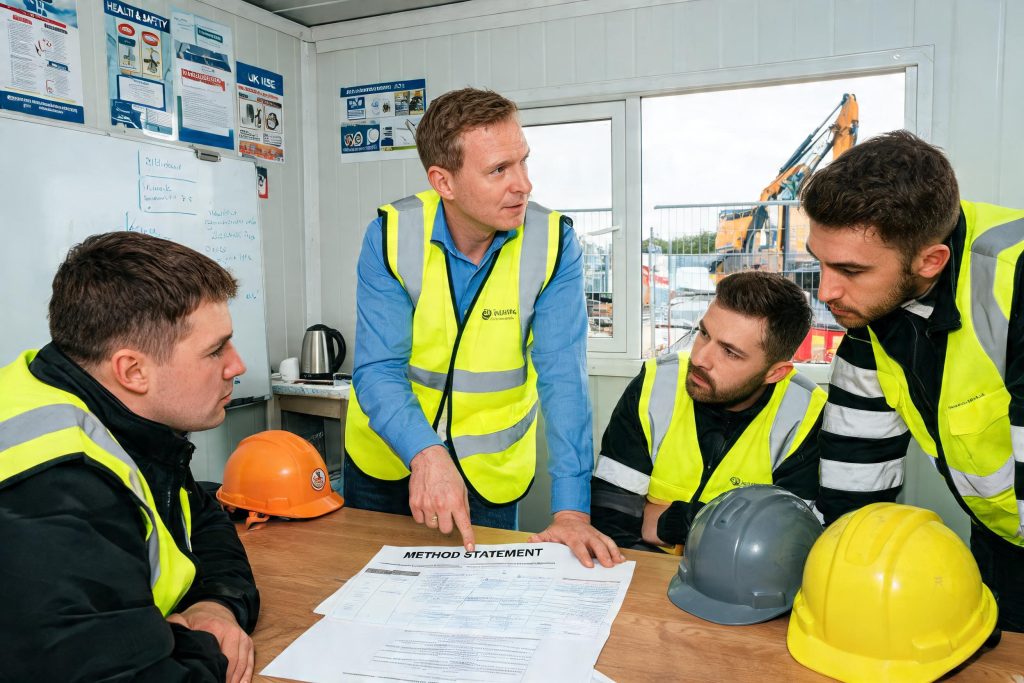 Site manager briefing workers around a method statement in a site cabin