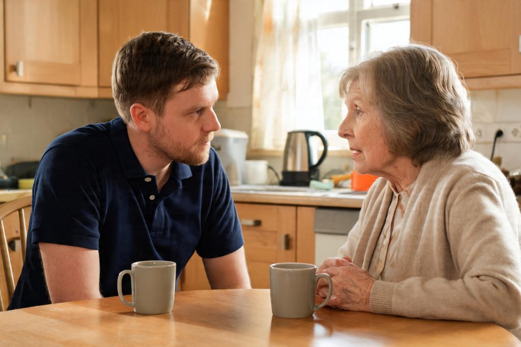 Care worker listening to an older woman during a home visit