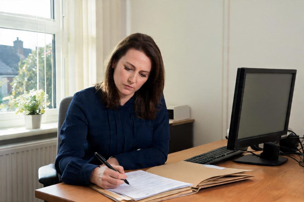 Care worker writing up a safeguarding concern at a desk