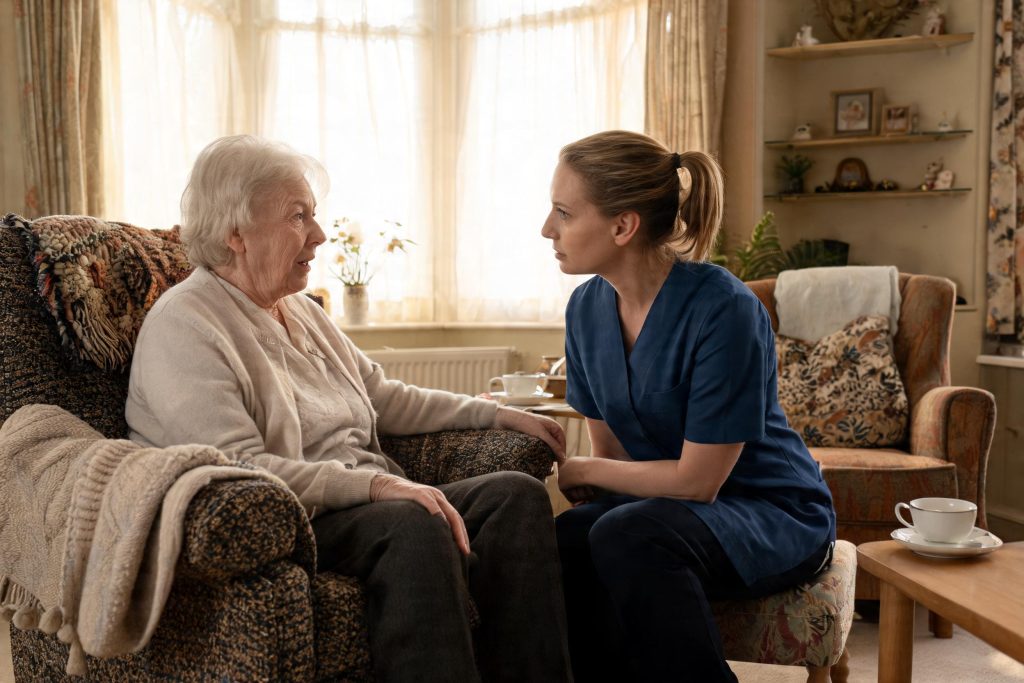 Care worker sitting and listening attentively to an older woman during a home visit