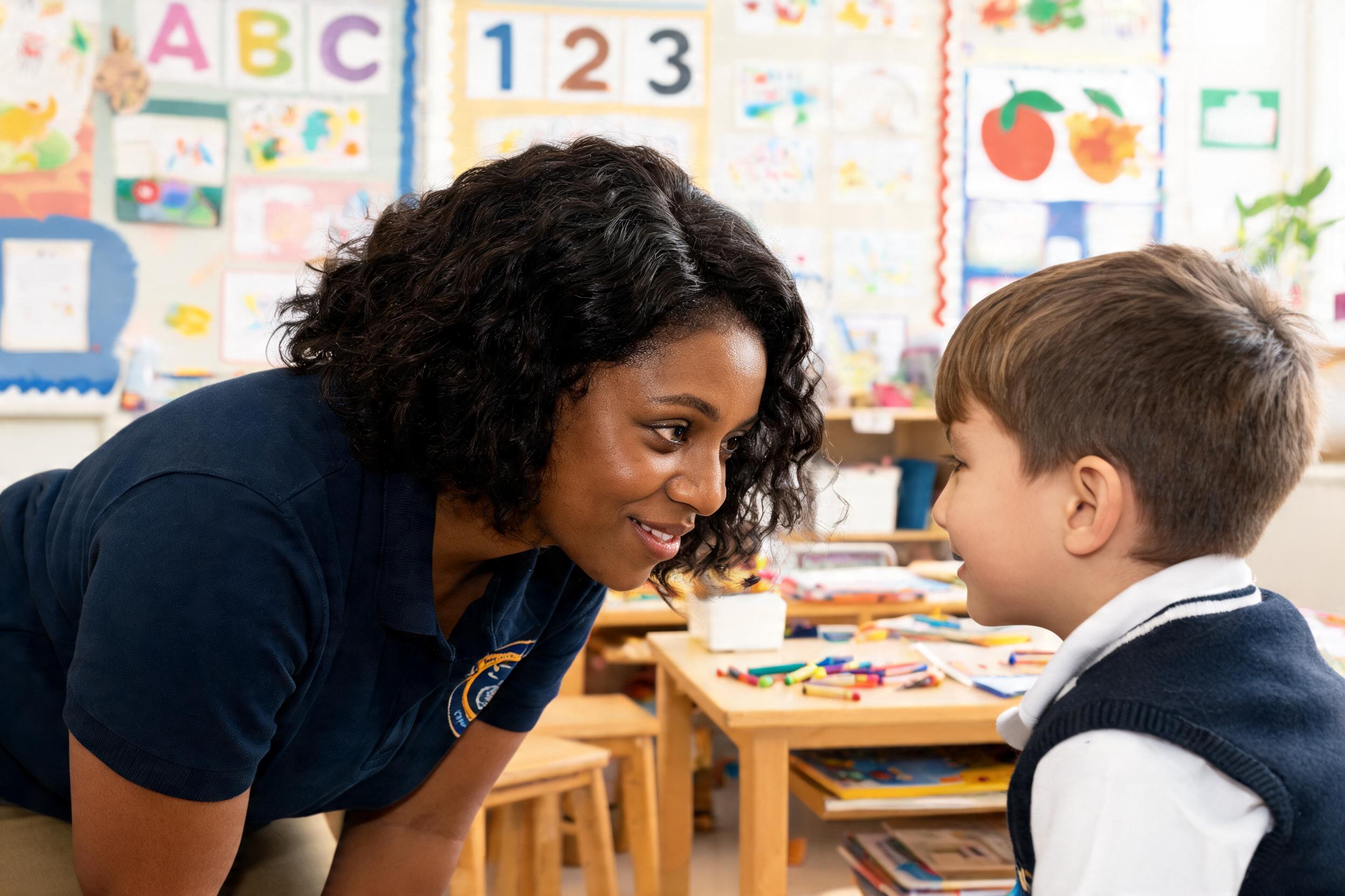 Teaching assistant kneeling to listen warmly to a young pupil in a classroom