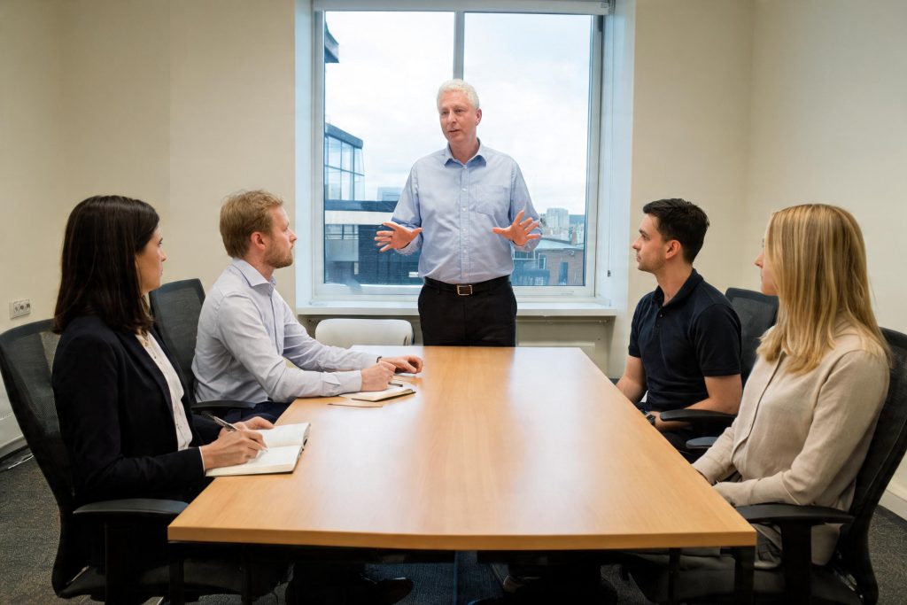 Manager delivering workplace harassment training to staff in a meeting room