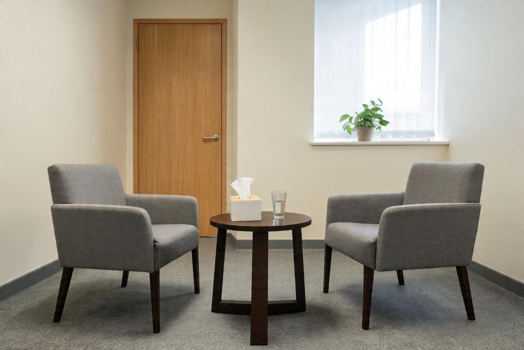 Empty private meeting room in a UK office with two chairs, a small table, tissues and water, set aside for a confidential conversation