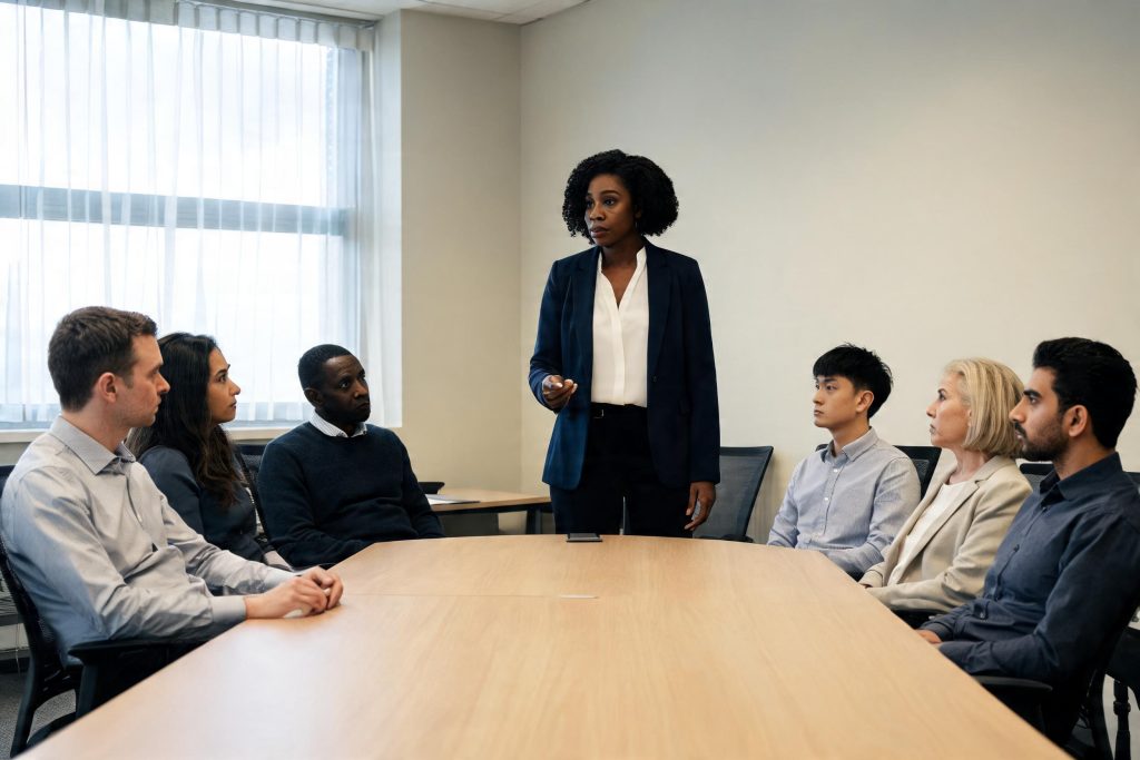 Manager delivering workplace harassment training to seated staff in a meeting room