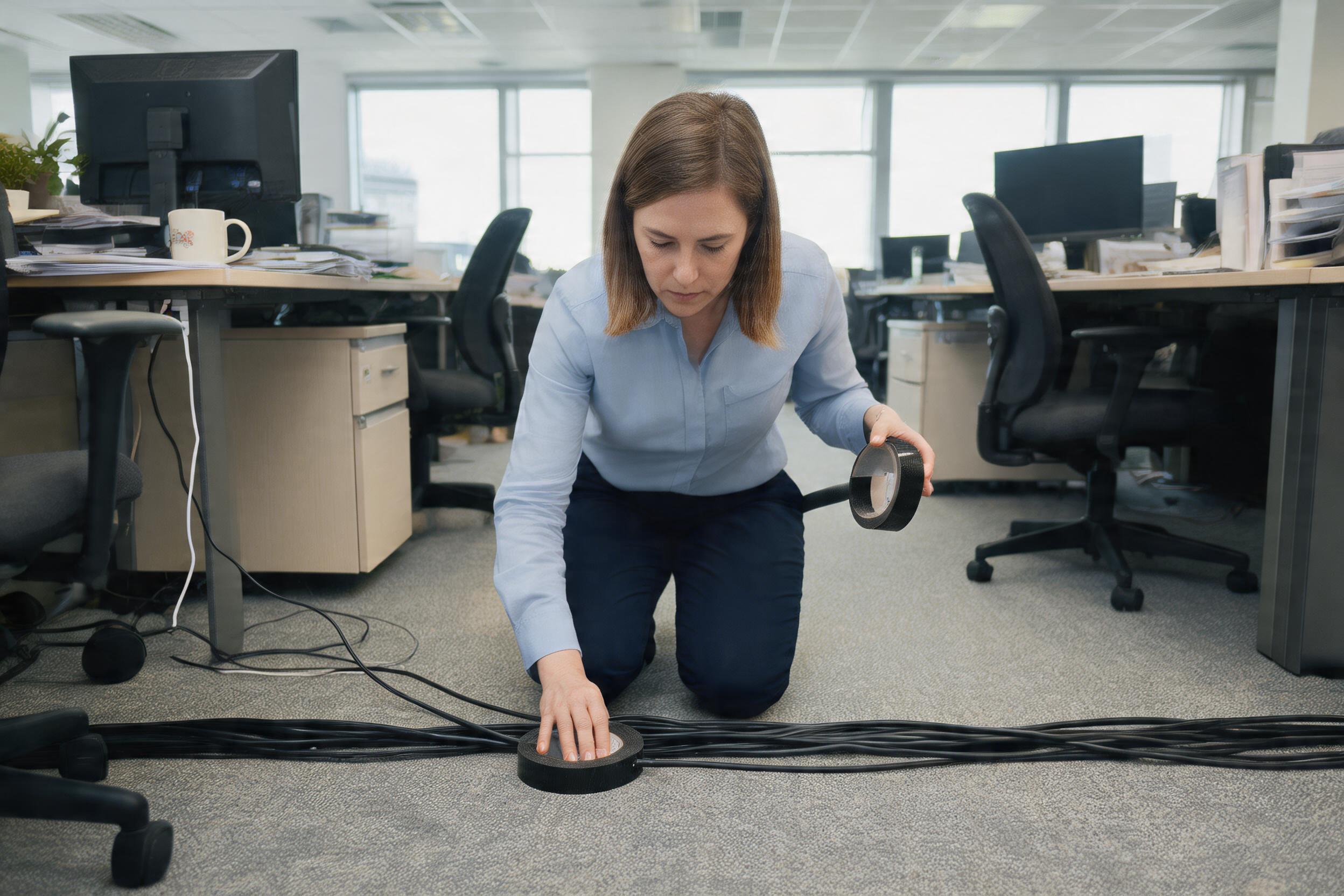 Worker taping down trailing cables to remove a trip hazard in an office